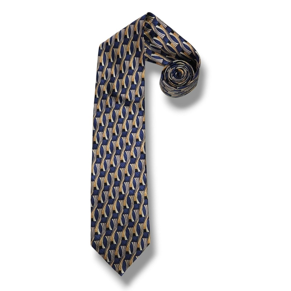 Antonia Collection Silk Necktie Geometric Chain Print Blue Gold Black Classic OS